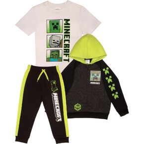 Minecraft Creeper Boys 3-Piece Bundle Set, Zip up Fashion Hoodie, Short Sleeve T-Shirt, and Jogger Sweatpants