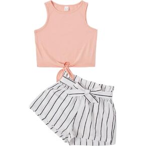 OYOANGLE Girl's 2 Piece Outfits Summer Tie Knot Tank Top and Paperbag Waist Striped Shorts Set