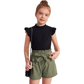 Floerns Girls 2 Piece Outfit Ruffle Trim Tee Top with Paperbag Waist Shorts Set