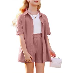 Girls 2 Piece Linen Set Kids Outfits Cotton Button Down Short Sleeve Collared Shirt Set 6-13 Years