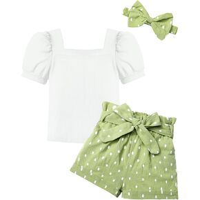 BAVADER Toddler Girl Clothes 2-10Y Girls Clothes Square Neck Short Sleeve Tops 3pcs Short Sets Summer Toddler Girl Outfits