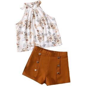 WDIRARA Girl's 2 Piece Outfits Floral Print Tie Neck Halter Top and Shorts Set