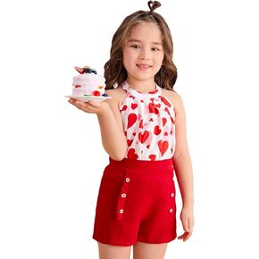 WDIRARA Girl's 2 Piece Outfits Floral Print Tie Neck Halter Top and Shorts Set