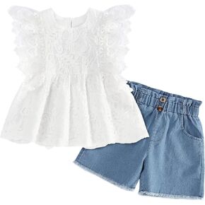 SEYOUAG Girl Clothes Little Kids Short Sets Cotton Casual Coat Jeans 2 Pcs Pants Sets
