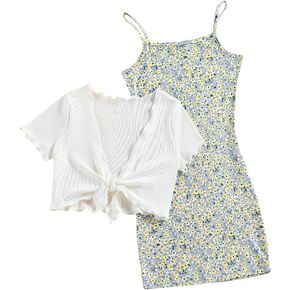 OYOANGLE Girl's 2 Piece Outfits Floral Print Sleeveless Cute Cami Dresses and Short Sleeve Lettuce Trim Tie Front Top Sets