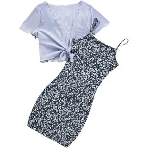 OYOANGLE Girl's 2 Piece Outfits Floral Print Sleeveless Cute Cami Dresses and Short Sleeve Lettuce Trim Tie Front Top Sets in Saudi Arabia