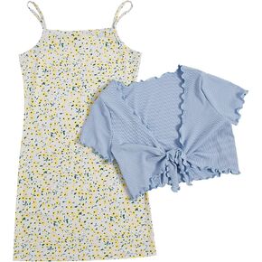 OYOANGLE Girl's 2 Piece Outfits Floral Print Sleeveless Cute Cami Dresses and Short Sleeve Lettuce Trim Tie Front Top Sets in Saudi Arabia