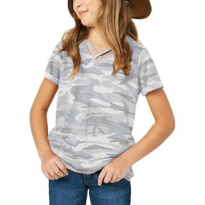 Girls Camouflage Stripe Short Sleeve Shirts V Neck Criss Cross Tees Sweat Kids Casual Sport Tops Blouse（4-15T） in Saudi Arabia
