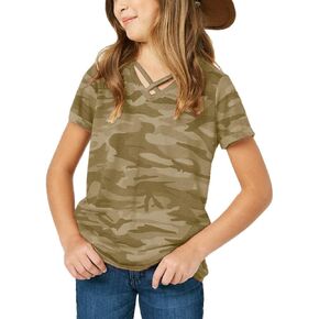 Girls Camouflage Stripe Short Sleeve Shirts V Neck Criss Cross Tees Sweat Kids Casual Sport Tops Blouse（4-15T）