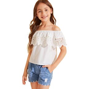 WDIRARA Girl's Off The Shoulder Ruffle Trim Lace Short Sleeve Blouse Top in Saudi Arabia