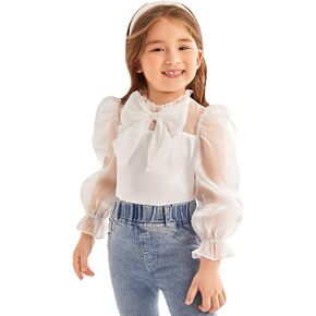 WDIRARA Toddler Girl's Mesh Sheer Long Sleeve Bowknot Mock Neck Frill Trim Blouse Top