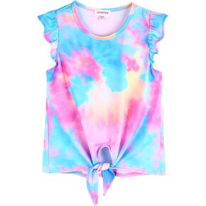JESKIDS Girls Short Sleeve Shirts Ruffle Tie Front Unicorn/Tie Dye Print Summer Tee Tank Tops 3-11 Years in Saudi Arabia