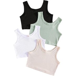SHENHE Girl's 4 Piece Sleeveless Cropped Tank Top Scoop Neck Ribbed Knit Crop Tops in Saudi Arabia
