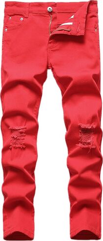 Boy's Skinny Fit Ripped Destroyed Distressed Stretch Slim Jeans Pants in Kuwait