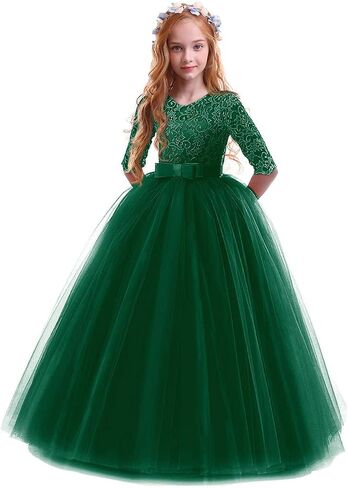 IBTOM CASTLE Flower Girl Dress Lace 3/4 Sleeve Wedding Princess Dress | Floor Length Tulle,Junior Bridesmaid Dress for Girl,Pageant Evening Formal Party Communion Dance Prom Ball Gown in Saudi Arabia