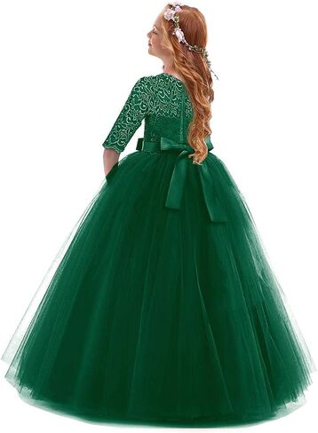 IBTOM CASTLE Flower Girl Dress Lace 3/4 Sleeve Wedding Princess Dress | Floor Length Tulle,Junior Bridesmaid Dress for Girl,Pageant Evening Formal Party Communion Dance Prom Ball Gown in Saudi Arabia