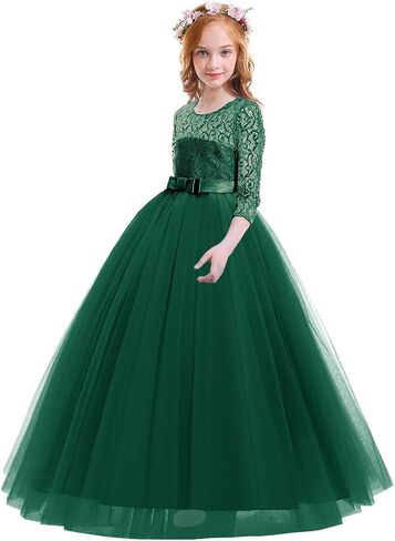 IBTOM CASTLE Flower Girl Dress Lace 3/4 Sleeve Wedding Princess Dress | Floor Length Tulle,Junior Bridesmaid Dress for Girl,Pageant Evening Formal Party Communion Dance Prom Ball Gown in Saudi Arabia