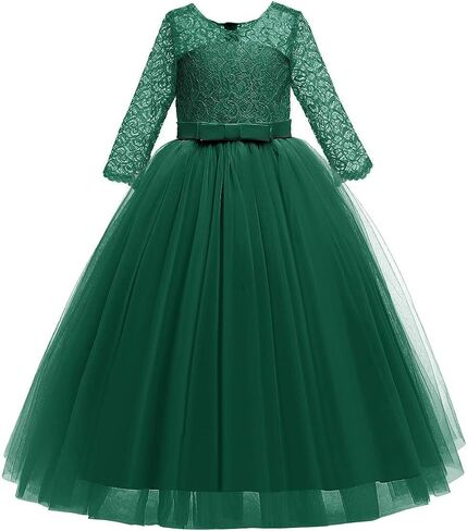 IBTOM CASTLE Flower Girl Dress Lace 3/4 Sleeve Wedding Princess Dress | Floor Length Tulle,Junior Bridesmaid Dress for Girl,Pageant Evening Formal Party Communion Dance Prom Ball Gown in Saudi Arabia