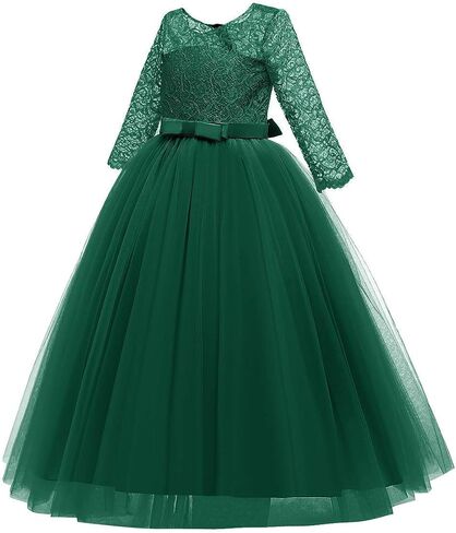 IBTOM CASTLE Flower Girl Dress Lace 3/4 Sleeve Wedding Princess Dress | Floor Length Tulle,Junior Bridesmaid Dress for Girl,Pageant Evening Formal Party Communion Dance Prom Ball Gown in Saudi Arabia