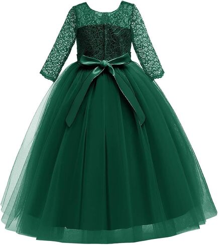 IBTOM CASTLE Flower Girl Dress Lace 3/4 Sleeve Wedding Princess Dress | Floor Length Tulle,Junior Bridesmaid Dress for Girl,Pageant Evening Formal Party Communion Dance Prom Ball Gown in Saudi Arabia
