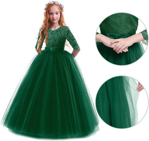 IBTOM CASTLE Flower Girl Dress Lace 3/4 Sleeve Wedding Princess Dress | Floor Length Tulle,Junior Bridesmaid Dress for Girl,Pageant Evening Formal Party Communion Dance Prom Ball Gown in Saudi Arabia