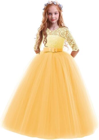 Girls Flower Vintage Floral Lace 3/4 Sleeves Floor Length Dress Wedding Party Evening Formal Pegeant Dance Gown in Kuwait