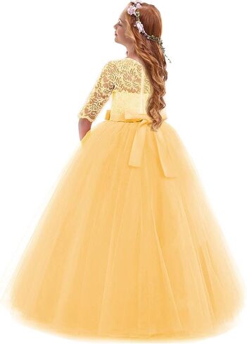 Girls Flower Vintage Floral Lace 3/4 Sleeves Floor Length Dress Wedding Party Evening Formal Pegeant Dance Gown in Kuwait