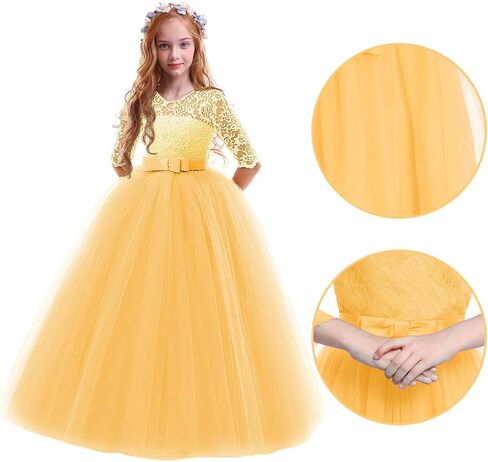 Girls Flower Vintage Floral Lace 3/4 Sleeves Floor Length Dress Wedding Party Evening Formal Pegeant Dance Gown in Kuwait