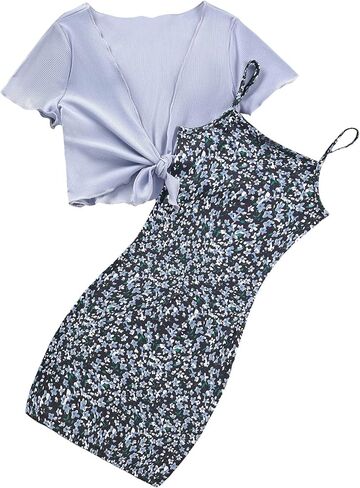 OYOANGLE Girl's 2 Piece Outfits Floral Print Sleeveless Cute Cami Dresses and Short Sleeve Lettuce Trim Tie Front Top Sets in Kuwait
