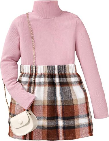 Floerns Girls 2 Piece Outfit High Neck Tee Shirt with Plaid Mini Skirt Set in Saudi Arabia