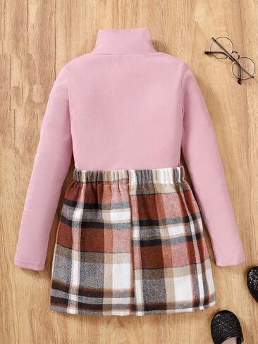 Floerns Girls 2 Piece Outfit High Neck Tee Shirt with Plaid Mini Skirt Set in Saudi Arabia