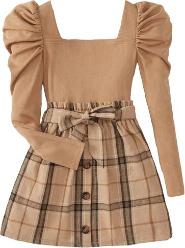 Floerns Girls 2 Piece Outfit High Neck Tee Shirt with Plaid Mini Skirt Set in Saudi Arabia