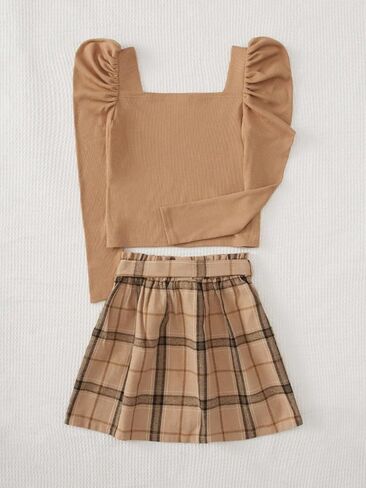 Floerns Girls 2 Piece Outfit High Neck Tee Shirt with Plaid Mini Skirt Set in Saudi Arabia