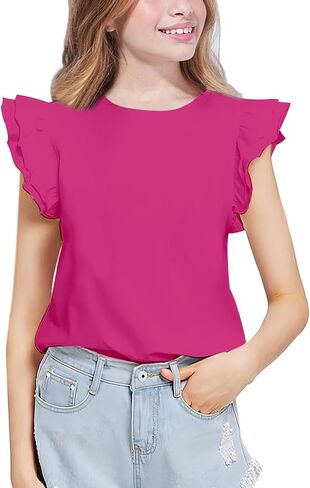 Kilymosy Girls White Shirt Short Sleeve Summer Casual Flutter Tops Tee Blouse 5-14 Years in Kuwait