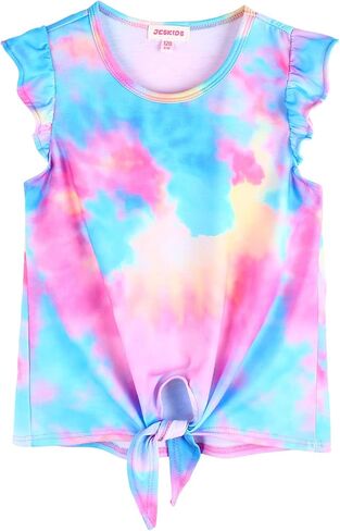 JESKIDS Girls Short Sleeve Shirts Ruffle Tie Front Unicorn/Tie Dye Print Summer Tee Tank Tops 3-11 Years in Kuwait