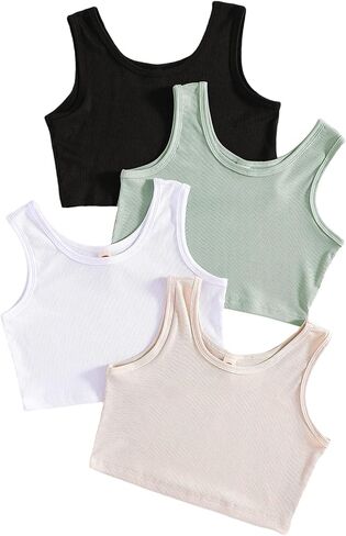 SHENHE Girl's 4 Piece Sleeveless Cropped Tank Top Scoop Neck Ribbed Knit Crop Tops in Saudi Arabia