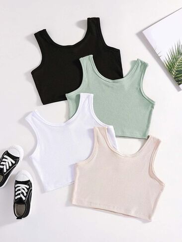 SHENHE Girl's 4 Piece Sleeveless Cropped Tank Top Scoop Neck Ribbed Knit Crop Tops in Saudi Arabia