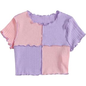 Milumia Girl's Rib Knit Color Block Crop Tee Short Sleeve Lettuce Trim Crewneck Tshirt