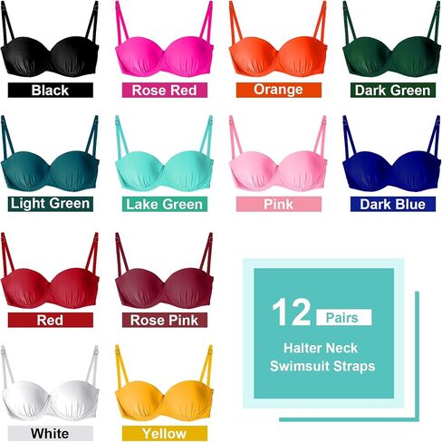 Eurzom 12 Pairs Adjustable Swimsuit Straps Replacement Removable Spare Swimming Bathing Suit Strap Detachable Swimsuit Straps Swim for Women Girls Bikini Strapless Top, 12 Colors in Saudi Arabia
