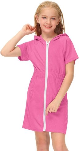 BesserBay Girls Swim Cover Up Beach Bathing Suit Coverups for Swimwear Zip-Up Terry Cloth Robes with Sunglasses 6-14 Years in Kuwait