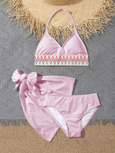 Verdusa Girl's 3 Piece Halter Bikini Sets Bathing Suit with Cover Up Skirt in Kuwait
