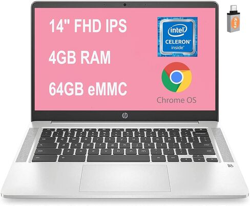 HP Flagship Chromebook 14 Laptop Computer 14" FHD IPS Anti-Glare Display Intel Celeron N4000 4GB RAM 64GB eMMC + 128GB SD Card Intel UHD Graphics 600 USB-C WiFi B&O Audio Chrome OS (Renewed) in Saudi Arabia