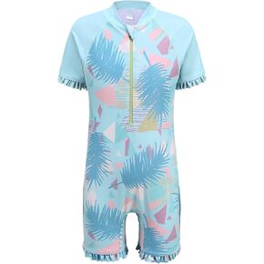 Girls Short Sleeve Rash Guard One Piece Swimsuits Zipper Front Bathing Suit Sun Protection 3-16 Years