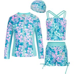 Danna Belle Girl Long Sleeve Swimsuit Floral Rushguard Swimwear 4Pcs Bathing Suits Zipper Size 5-12 in Kuwait