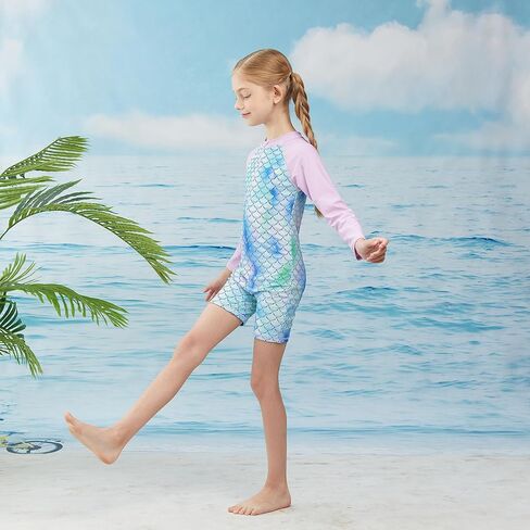 بدلة سباحة LIBREDGE للفتيات بأكمام طويلة للحماية من الطفح الجلدي قطعة واحدة مع غطاء حماية من الأشعة فوق البنفسجية in Kuwait