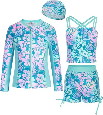 Danna Belle Girl Long Sleeve Swimsuit Floral Rushguard Swimwear 4Pcs Bathing Suits Zipper Size 5-12 in Kuwait