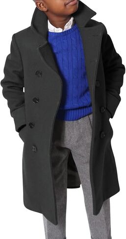 Ebifin Boys Notch Lapel Double Breasted Long Trench Coat Casual Classic Peacoat in Kuwait