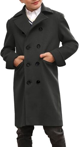 Ebifin Boys Notch Lapel Double Breasted Long Trench Coat Casual Classic Peacoat in Kuwait
