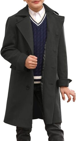 Ebifin Boys Notch Lapel Double Breasted Long Trench Coat Casual Classic Peacoat in Kuwait