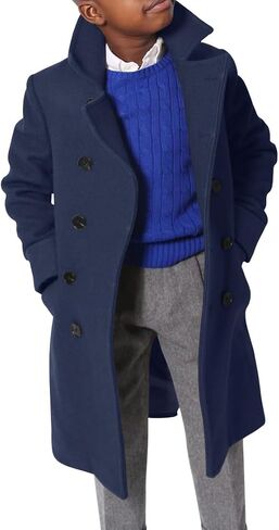 Ebifin Boys Notch Lapel Double Breasted Long Trench Coat Casual Classic Peacoat in Kuwait